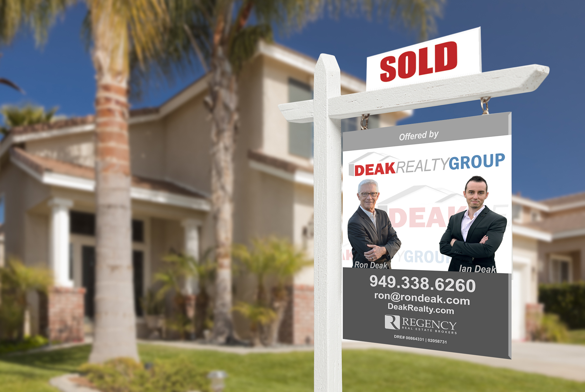 Blank Real Estate Sign in Front of Beautiful New House.